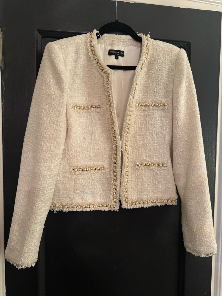 Love Generation White Tweed Open-Front Blazer With Gold Chain Trim